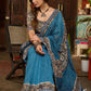 Exclusive Teal blue cotton saree highlighted with kalamkari and indigo borders