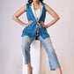 Smart Blue cotton checks sleeveless collared top with front tie-ups & Inner