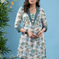 Stylish teal cotton floral printed collared tunic