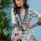 Stylish teal cotton floral printed collared tunic
