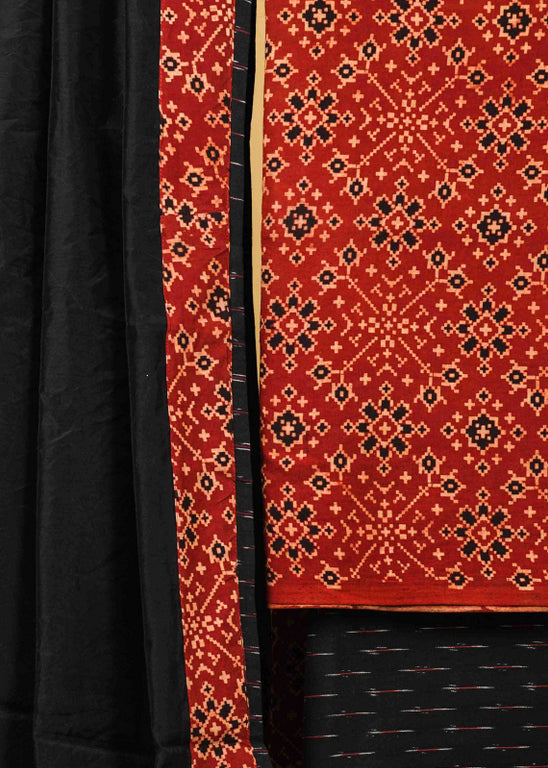Maroon Cotton Ajrakh Suit Set with Black Ikat Bottom and Chanderi Dupatta