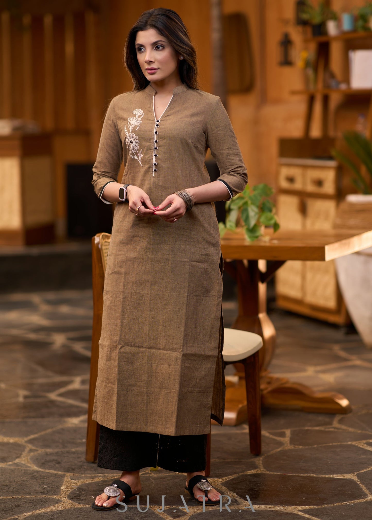 Elegant dark beige cotton kurta with embroiderd motif on one side Pant optional