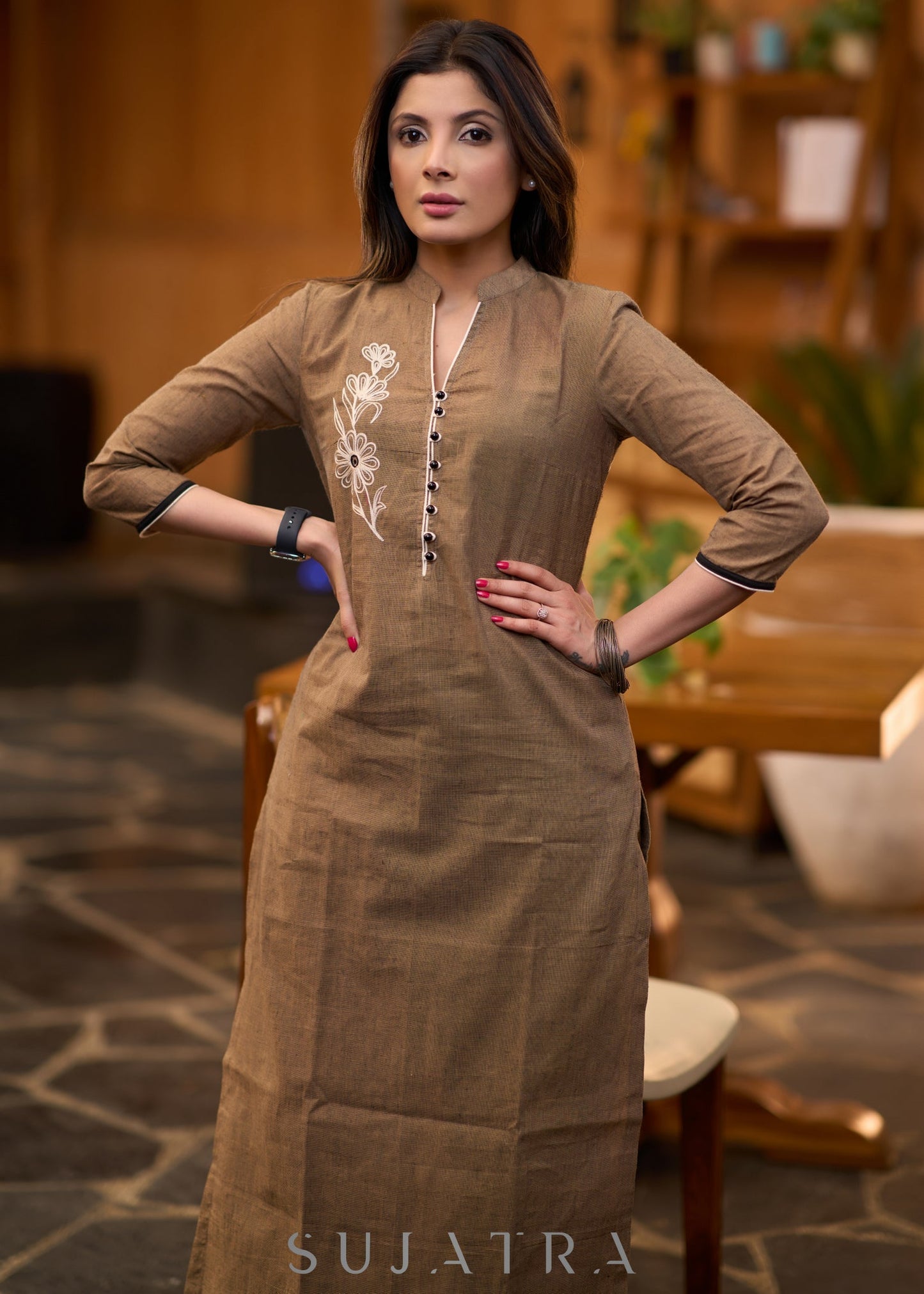 Elegant dark beige cotton kurta with embroiderd motif on one side Pant optional