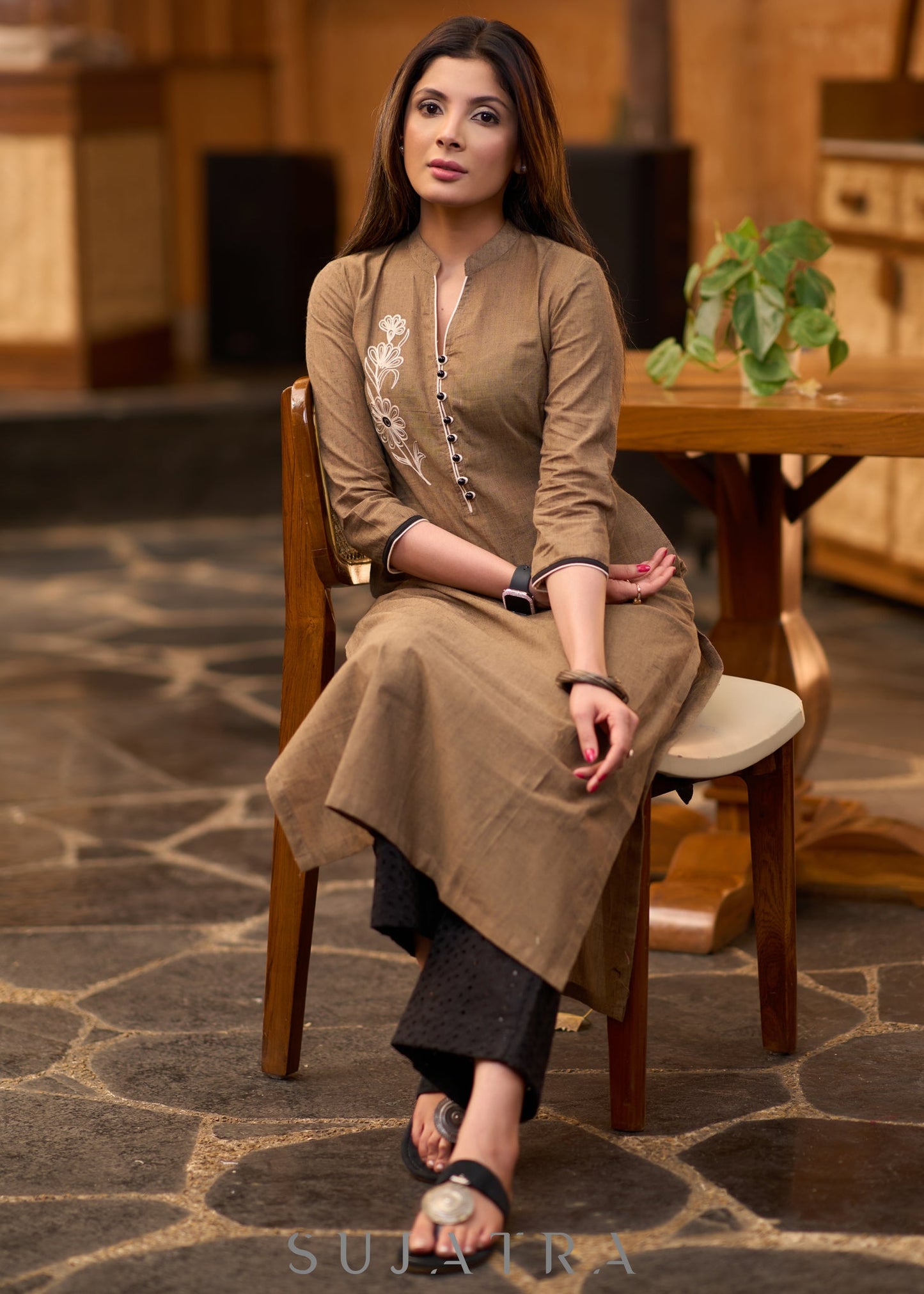 Elegant dark beige cotton kurta with embroiderd motif on one side Pant optional