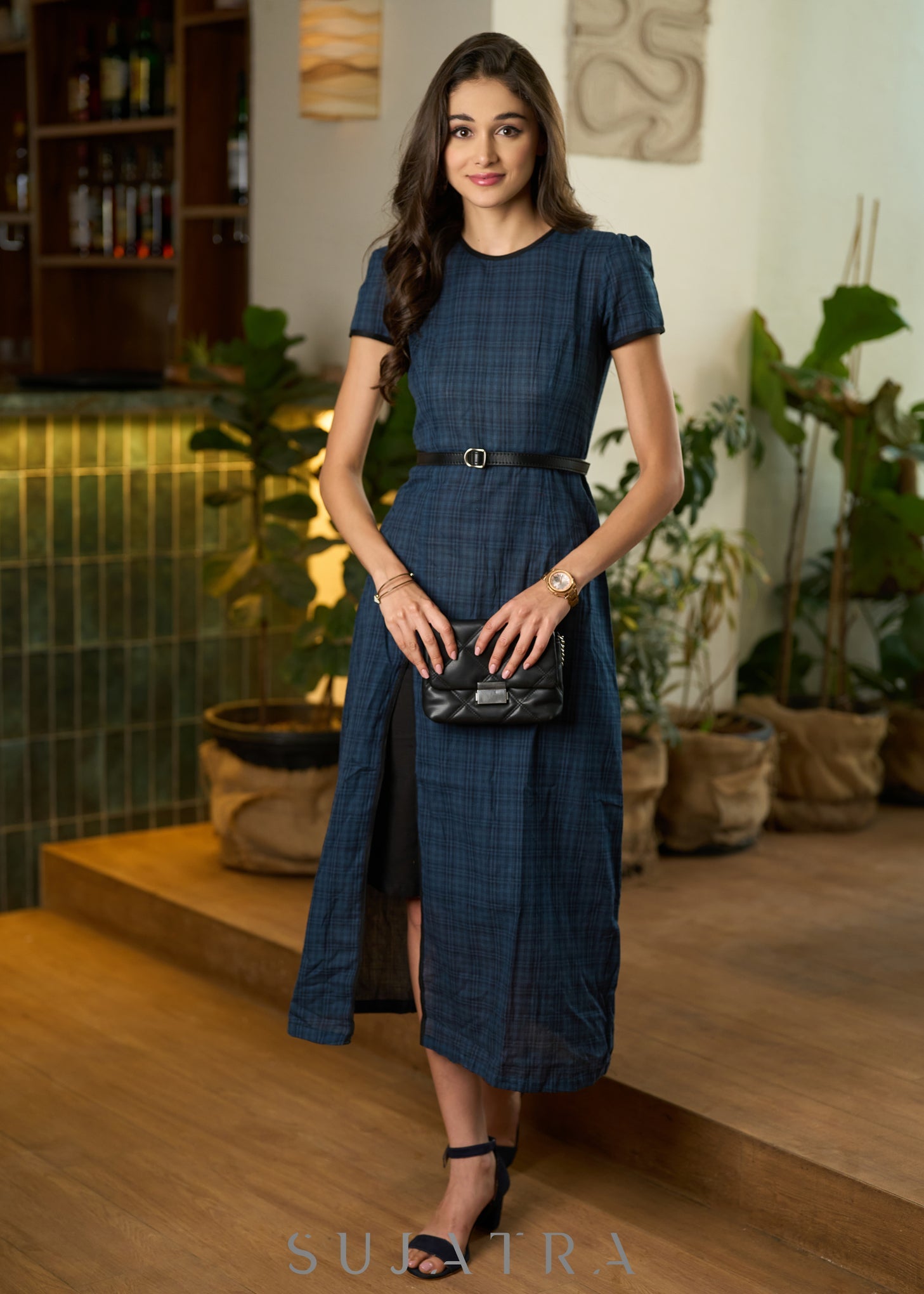 Classy Blue Cotton checkered long one piece dress with Slit – SujatraCA