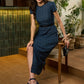 Classy Blue Cotton checkered long one piece dress with Slit