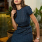 Classy Blue Cotton checkered long one piece dress with Slit