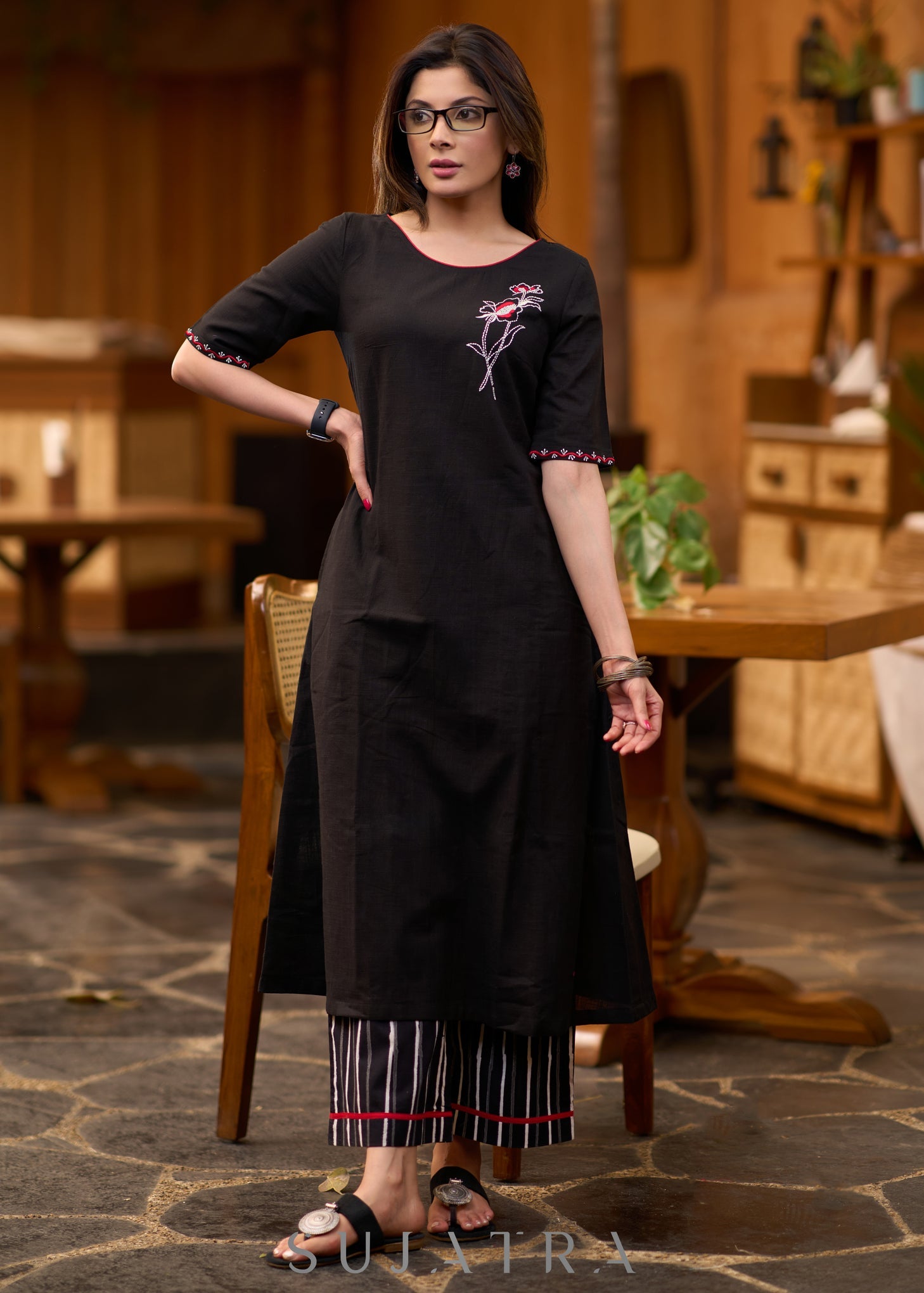 Exclusive black cotton kurta with embroidered motif - Pant optional