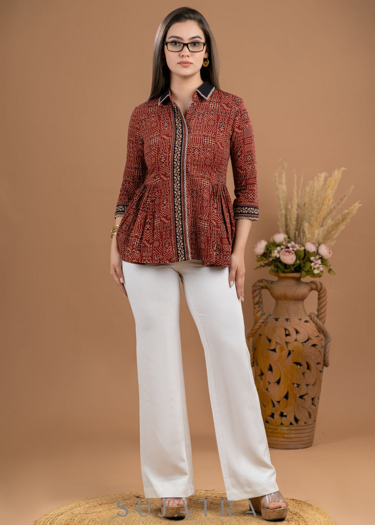 Beautiful Maroon cotton Ajrakh peplum style combination shirt