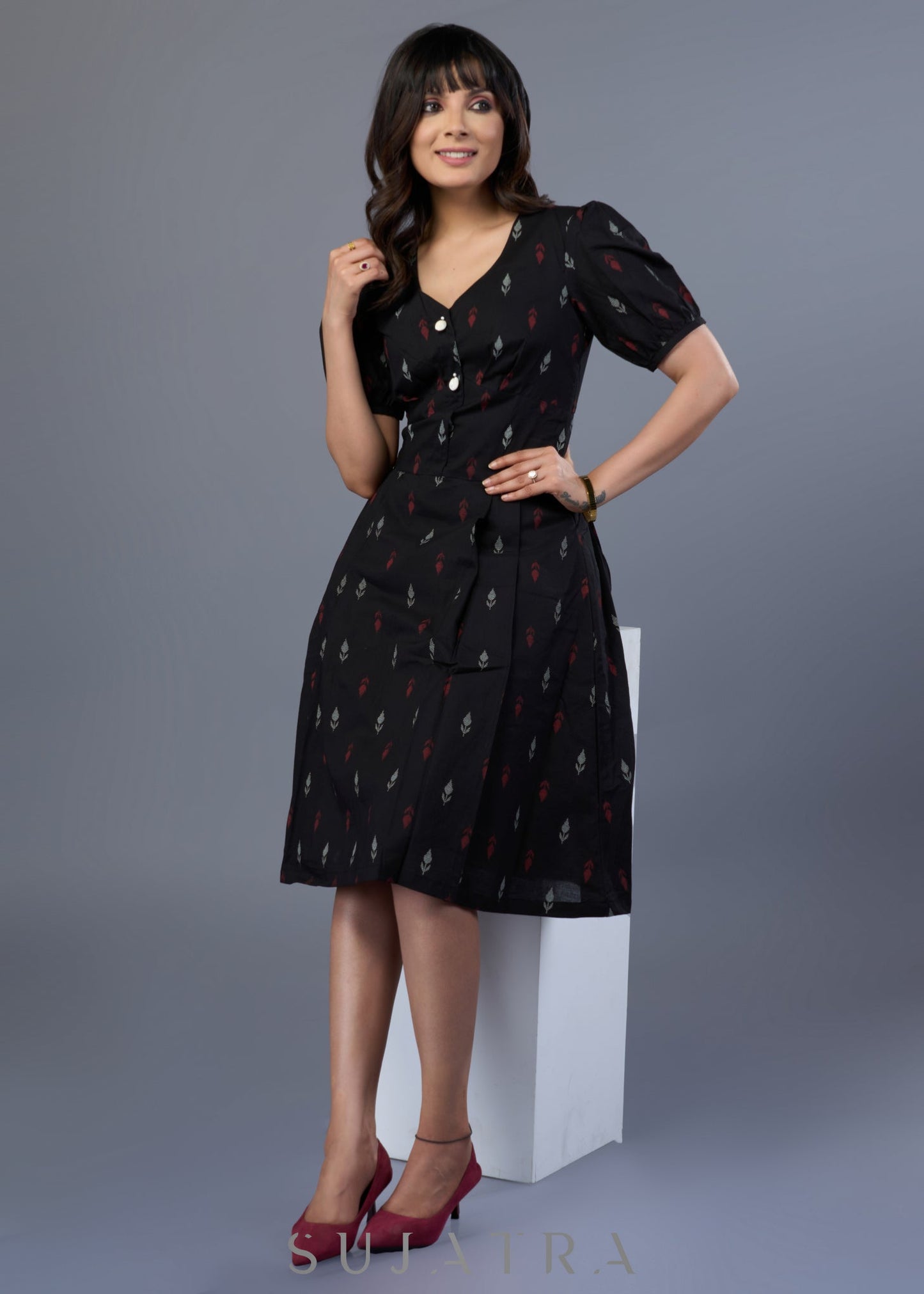 Smart Black Cotton Printed Dress