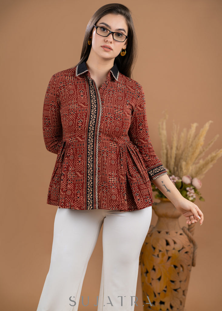 Beautiful Maroon cotton Ajrakh peplum style combination shirt