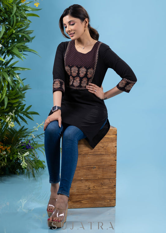 Elegant black cotton tunic with highighted ajrakh combination yoke