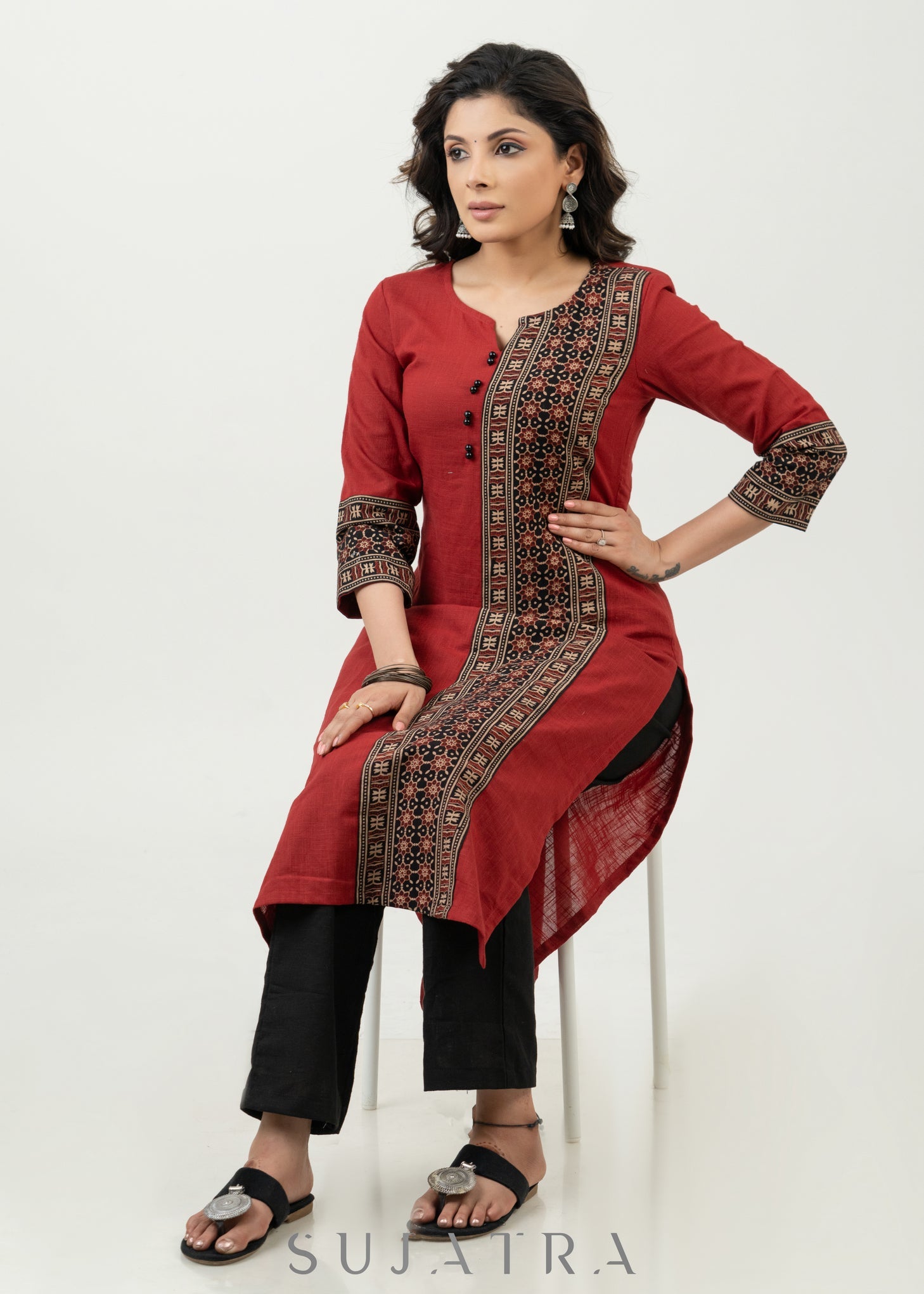 Casual Maroon Cotton Ajrak Combination Kurta - Pant Optional