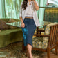 Classic white stripe design cotton dobby shirt - Teal plaid skirt optional