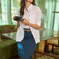 Classic white stripe design cotton dobby shirt - Teal plaid skirt optional