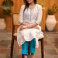 Elegant White chanderi kurta with gold sequence & blue detaling pant optional