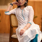 Elegant White chanderi kurta with gold sequence & blue detaling pant optional