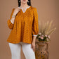 Stylish Mustard Rayon gathered top in bandhani print