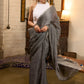 Stylish grey cotton plain saree with tassels
