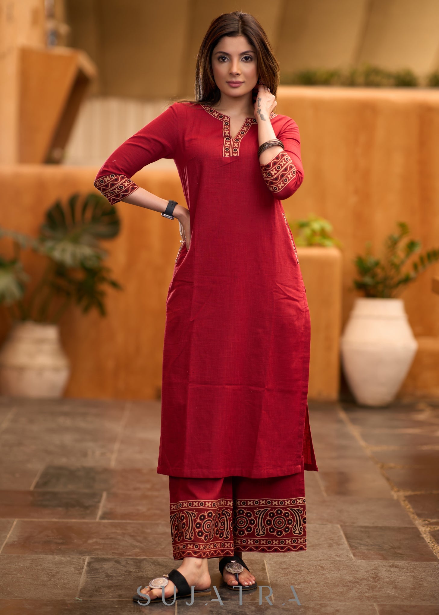 Casual Maroon cotton kurta with Ajrakh detaling Pant optional