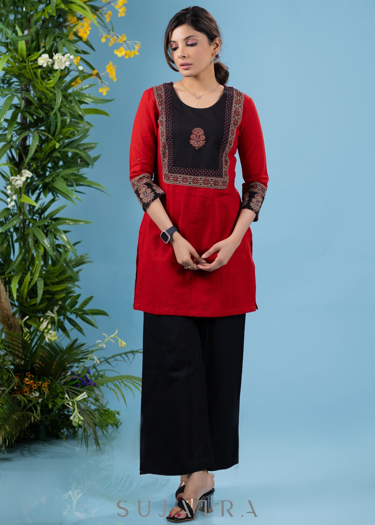 Classic red cotton tunic with ajrakh combination yoke highlighted with applique motif