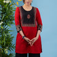 Classic red cotton tunic with ajrakh combination yoke highlighted with applique motif