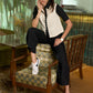 Stylish off white & black crop shirt with button highlights