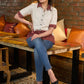Off-white cotton half sleeves shirt with maroon ajrakh border