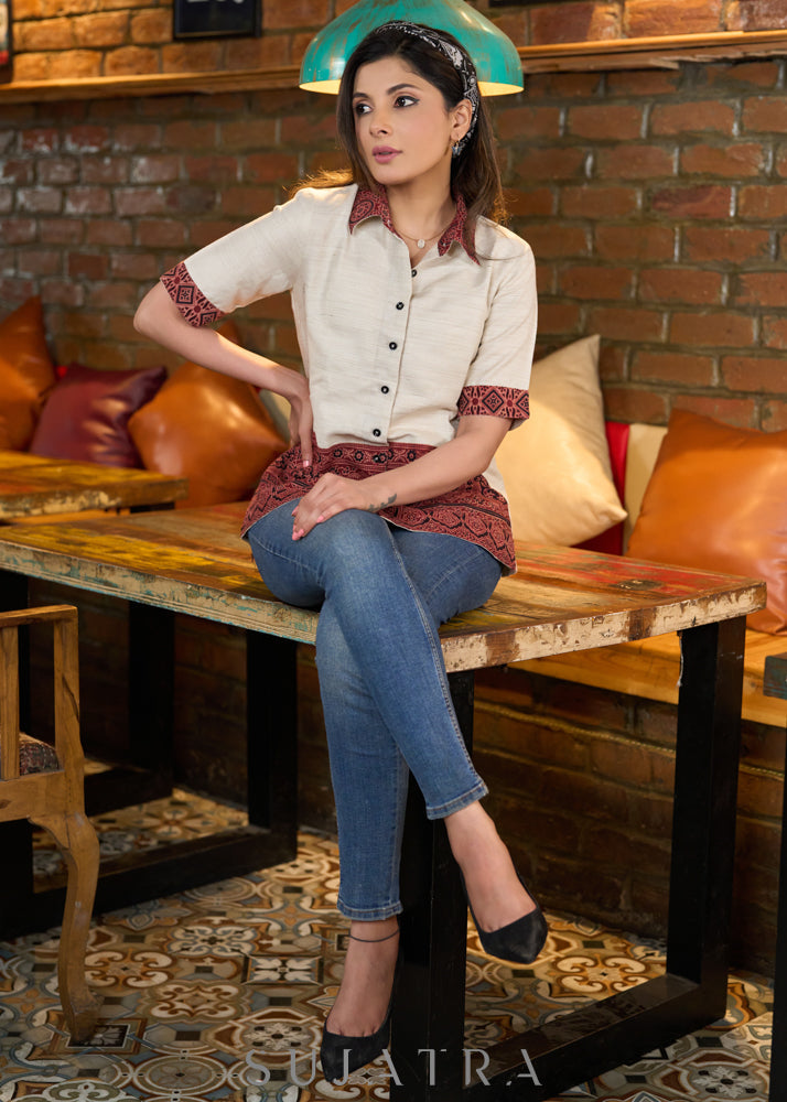 Off-white cotton half sleeves shirt with maroon ajrakh border