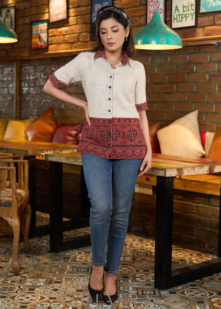 Off-white cotton half sleeves shirt with maroon ajrakh border