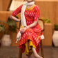 Elegant orange ikat kurta with patchwork buttons & palazzo Stole optional