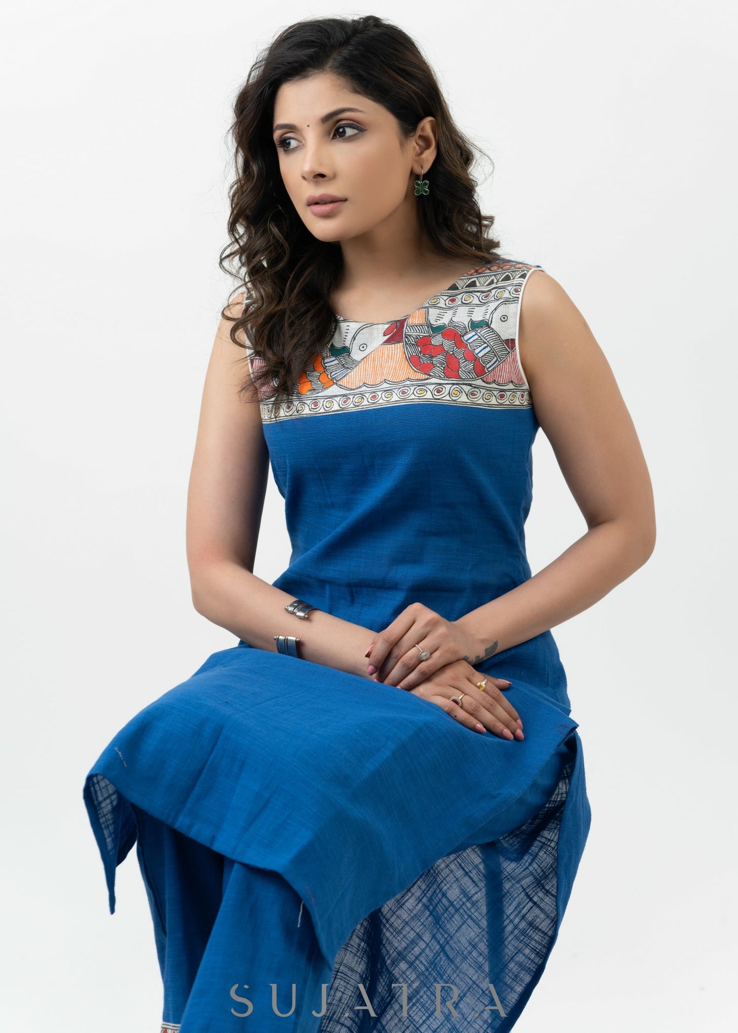 Smart Blue Cotton Madhubani Hand Painted Kurta - Pant Optional