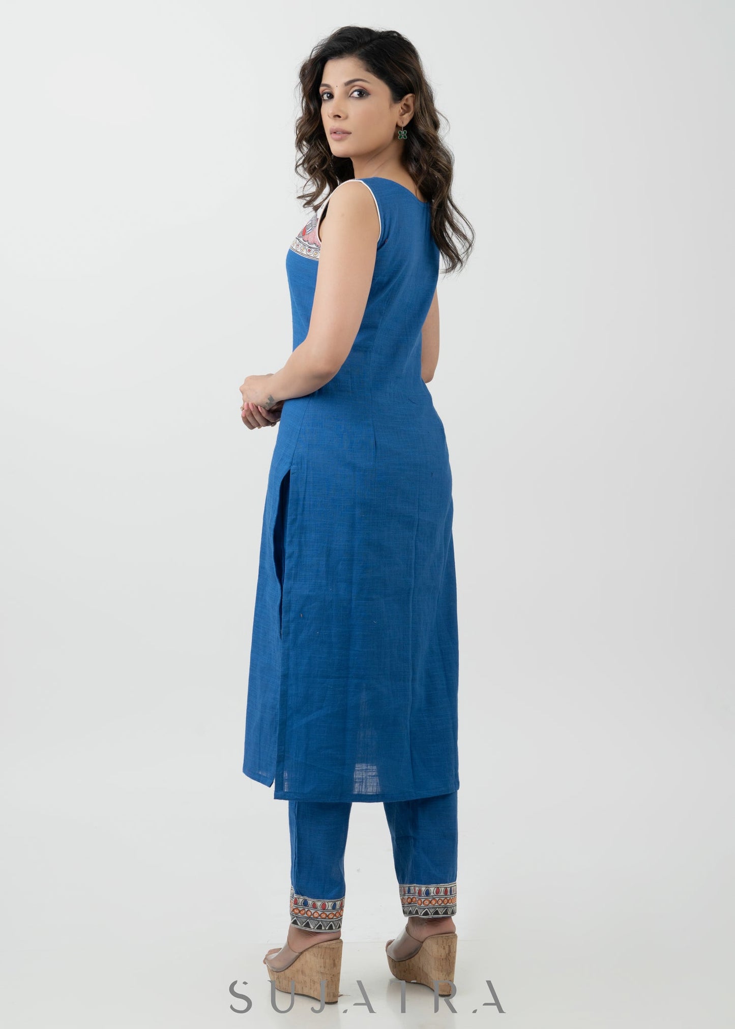 Smart Blue Cotton Madhubani Hand Painted Kurta - Pant Optional