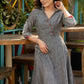 Grey cotton dress with embroidery on sleeves & collar