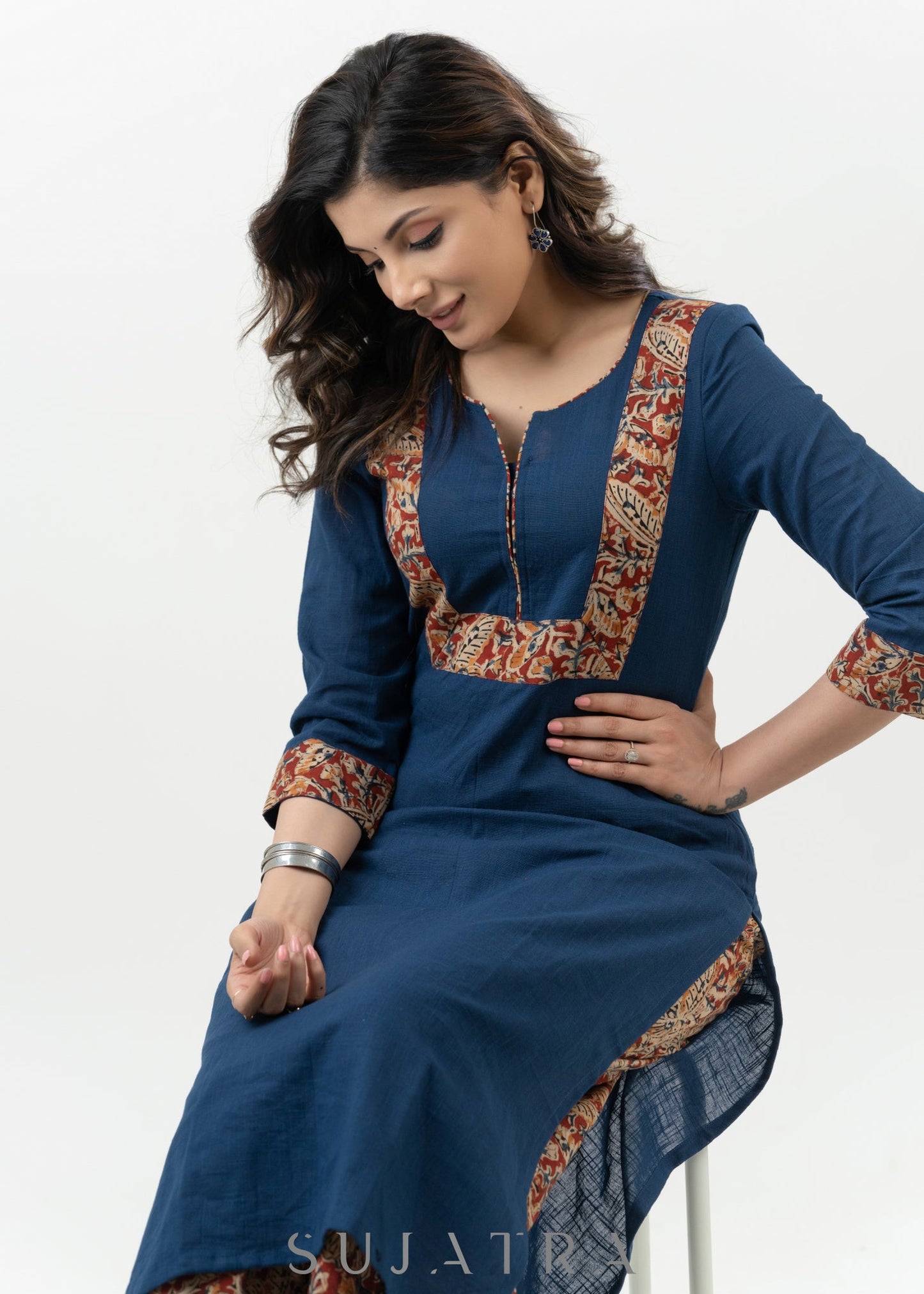 Exclusive Navy Blue Cotton Kalamkari Kurta - Palazzo Optional
