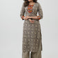 Trendy Grey Cotton Block Print Kurta With Kutch Mirror Work - Pant Optional