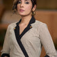 Classy Beige striped cotton kurta with black collar - Pant optional