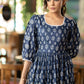 Trendy navy blue floral printed rayon gathered dress highlighted with beautiful lace