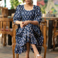 Trendy navy blue floral printed rayon gathered dress highlighted with beautiful lace