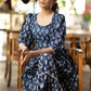 Trendy navy blue floral printed rayon gathered dress highlighted with beautiful lace