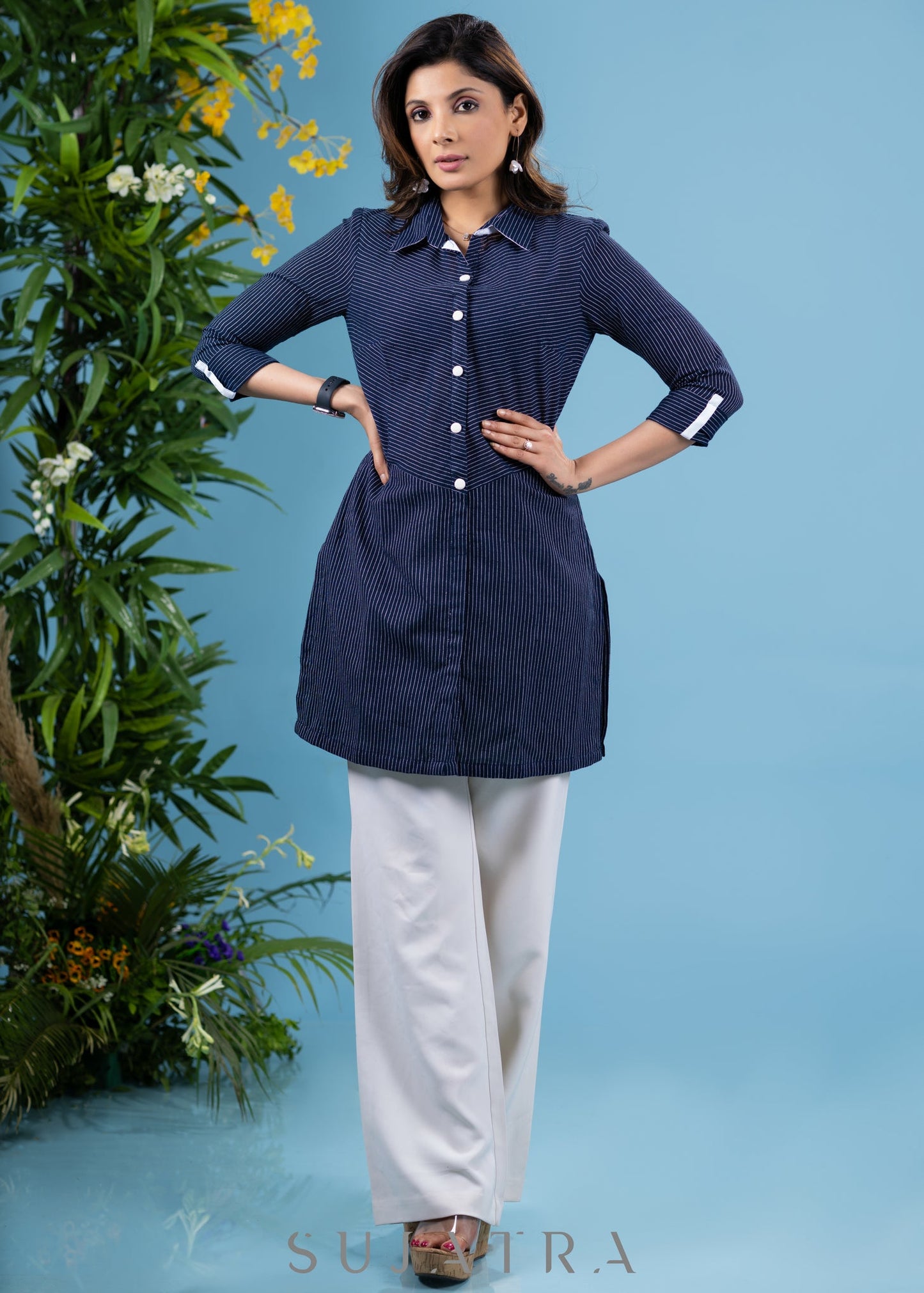 Classy navy blue shirt style striped cotton tunic