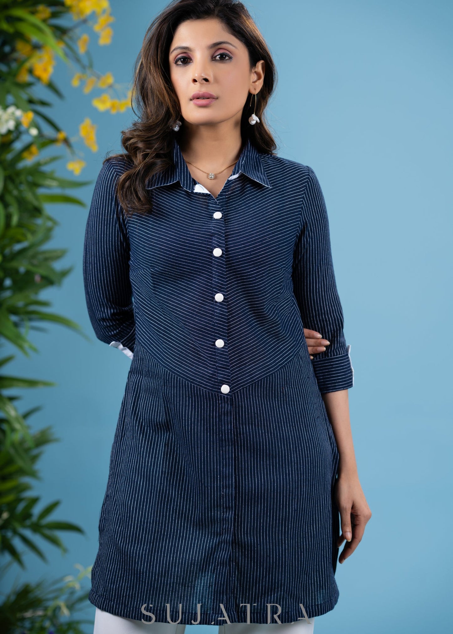 Classy navy blue shirt style striped cotton tunic