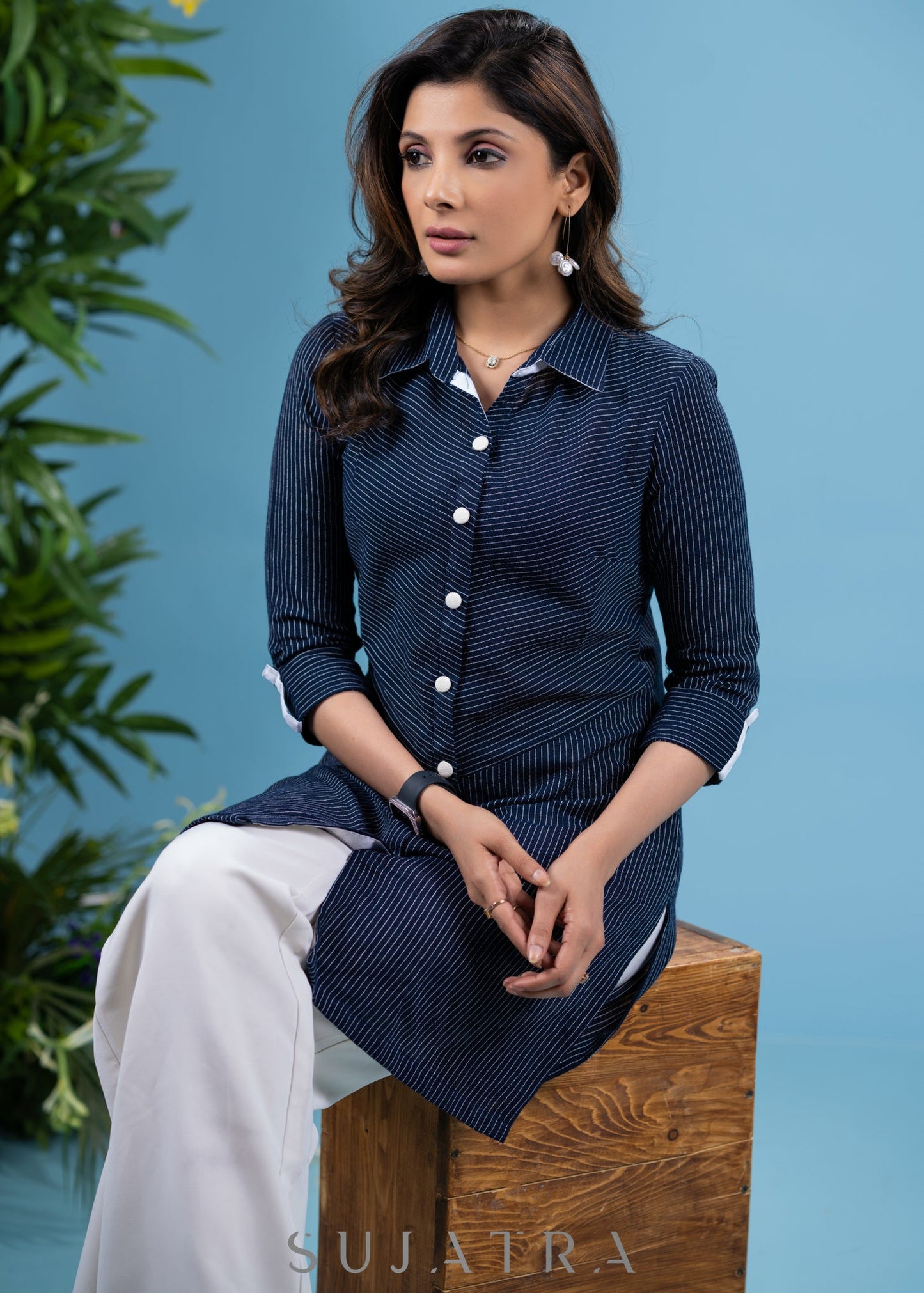 Classy navy blue shirt style striped cotton tunic