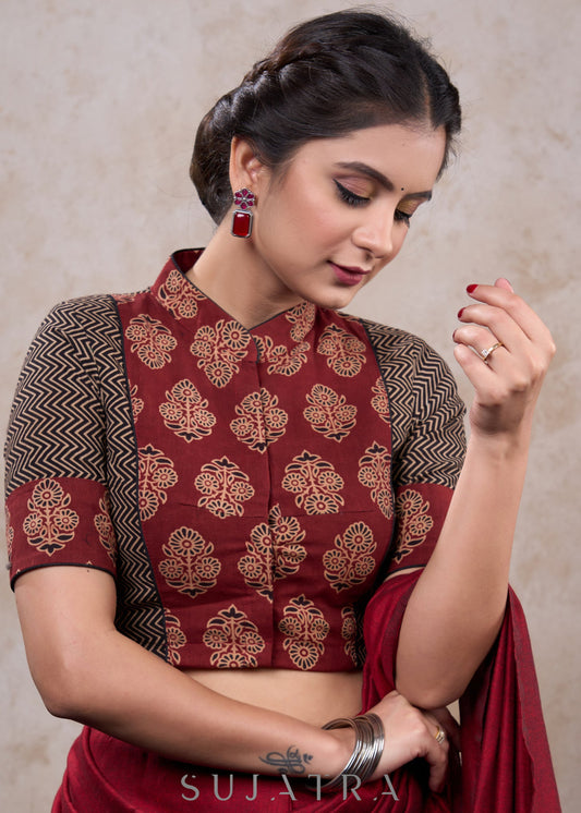 Exclusive maroon ajrakh high neck combination blouse