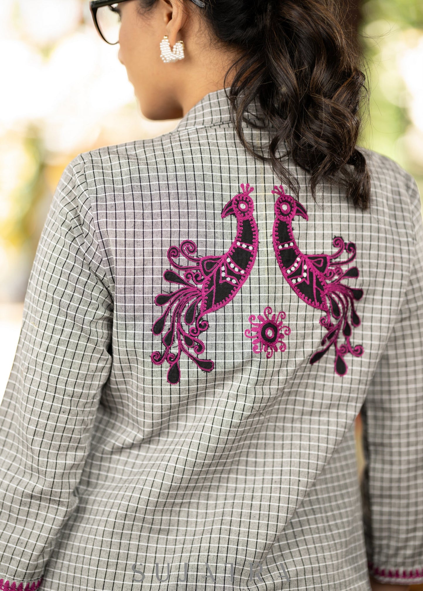 Grey checks jacket with peacock embroidery at the back