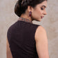 Elegant black ajrakh sleeveless combination blouse with mandarin collar