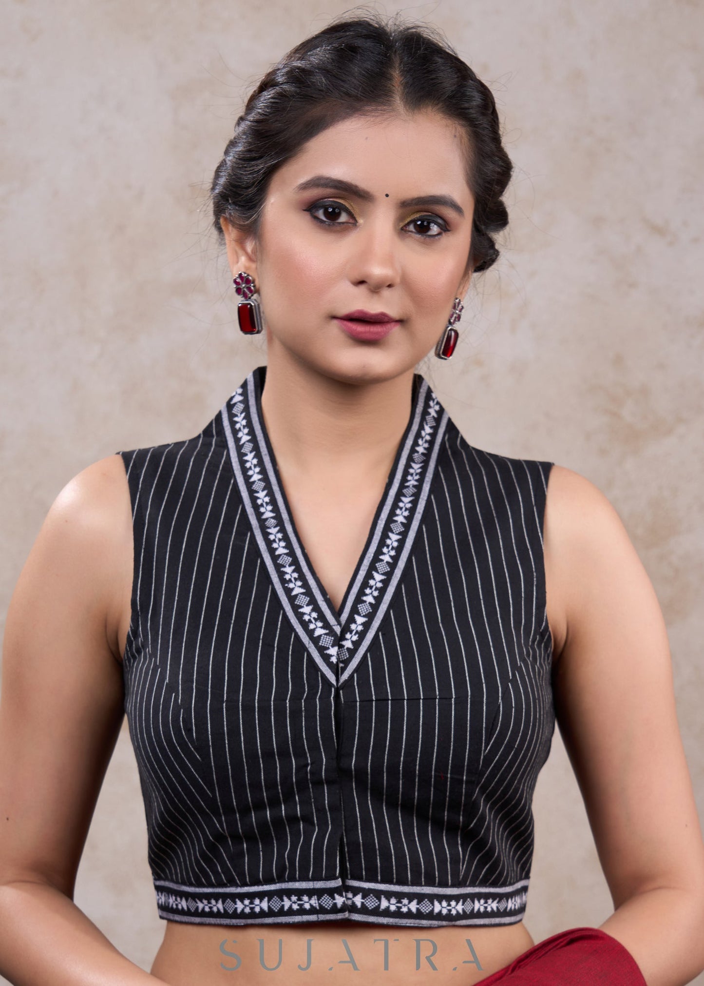 Trendy black striped cotton highneck blouse highighted with ikat border