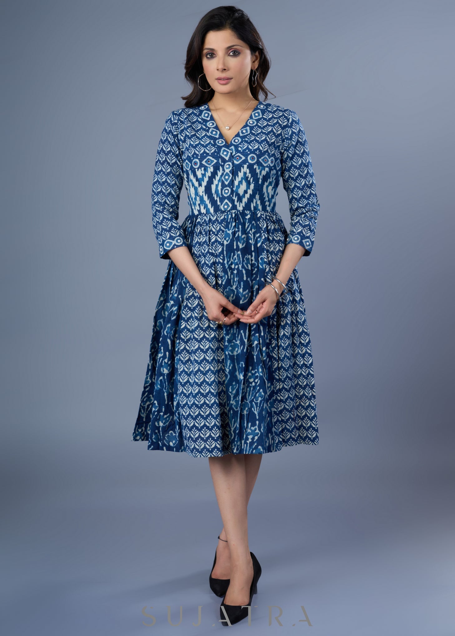 Beautiful Cotton Empire Line Indigo Combination Dress SujatraCA Beautiful Cotton Empire Line Indigo Combination Dress SujatraCA
