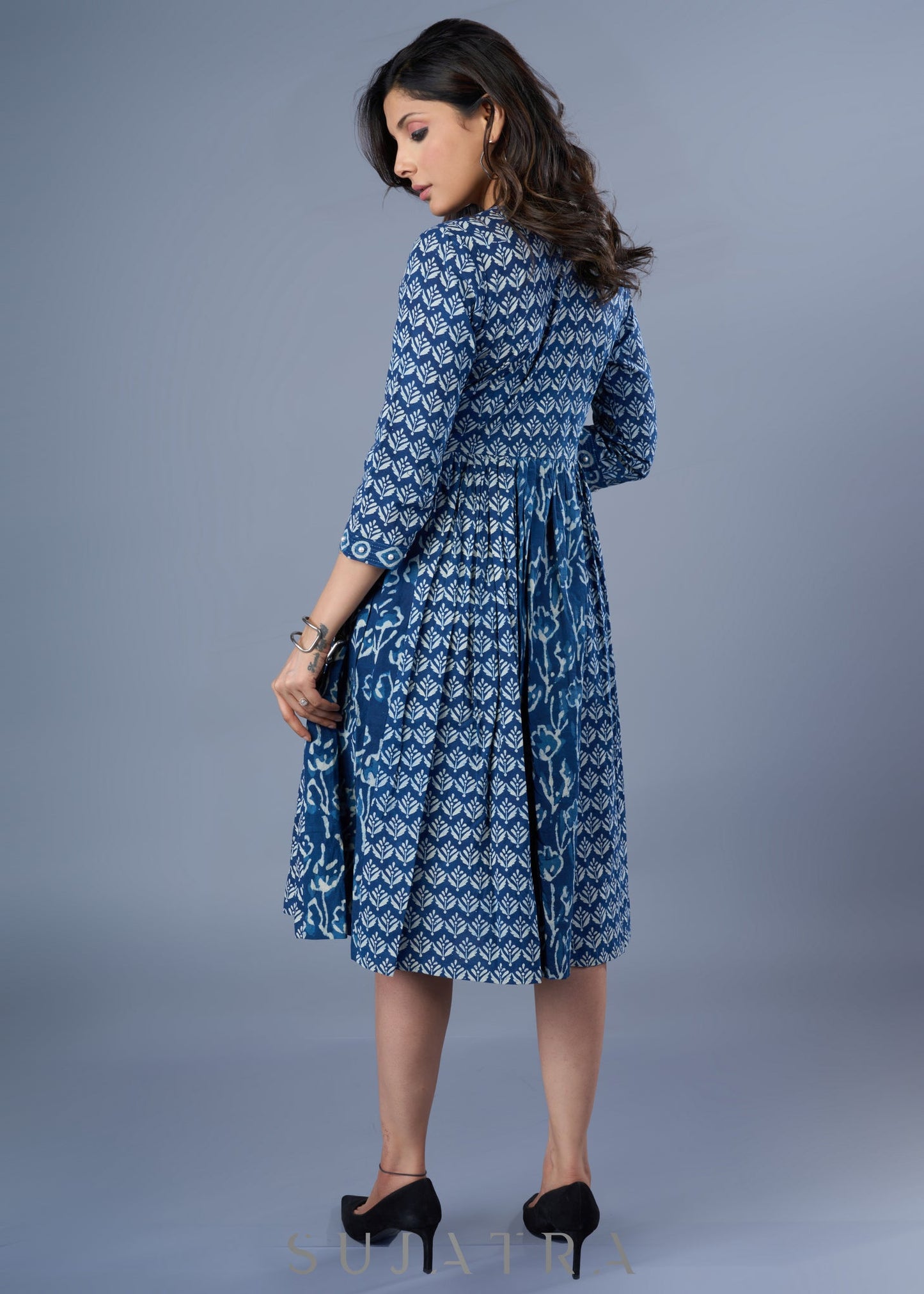Beautiful Cotton Empire Line Indigo Combination Dress