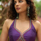 Stylish violet cotton silk halter neck blouse with multicolor bead embroidery